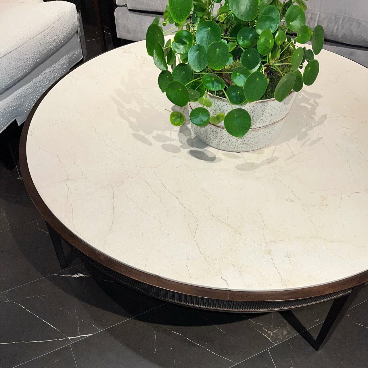 Round cocktail table with plant, marble top, close-up.