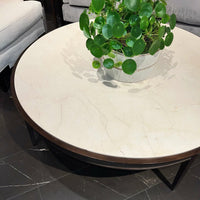 Round cocktail table with plant, marble top, close-up.