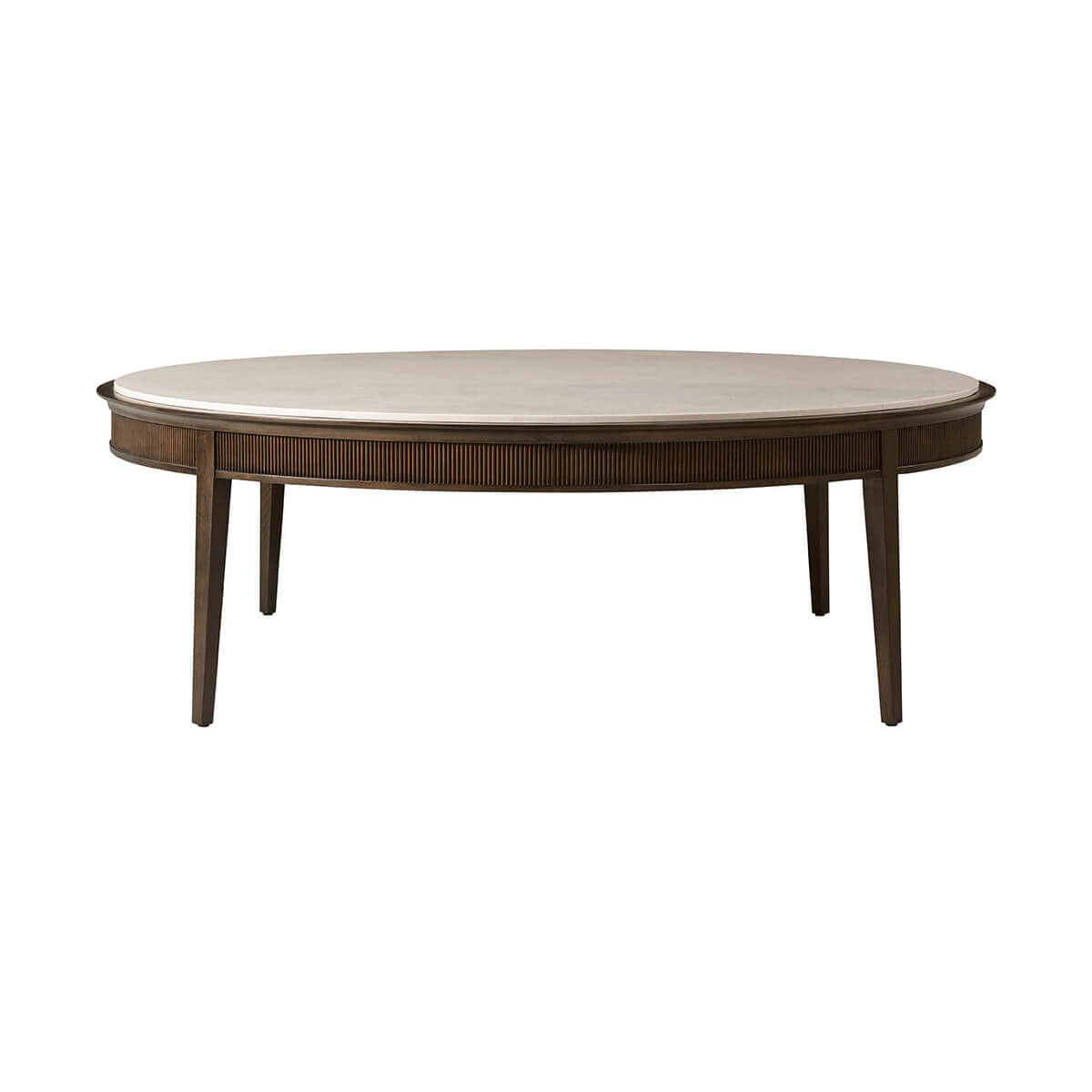 Side view of round cocktail table, four legs visible.