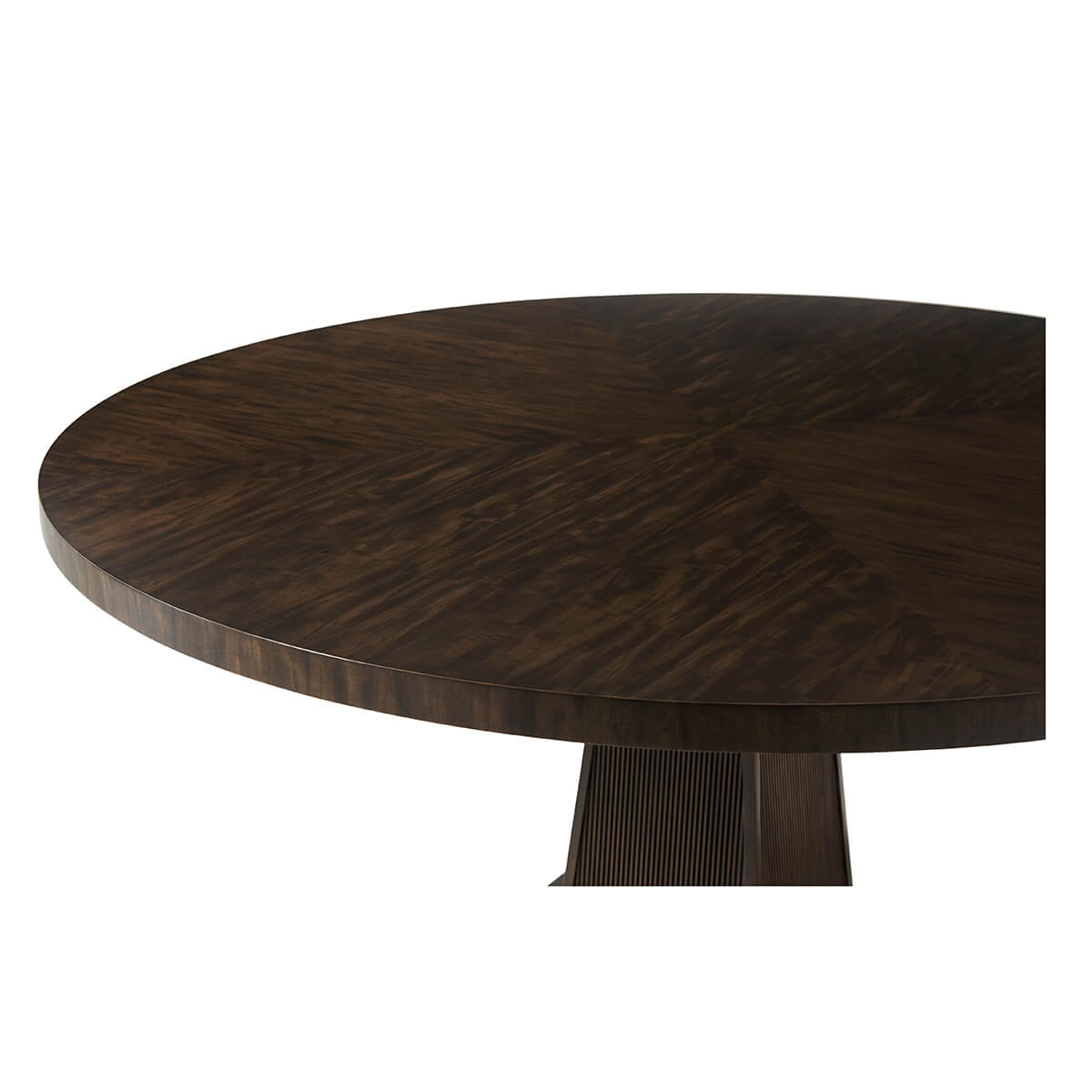 Round dining table, top surface, angled close-up.