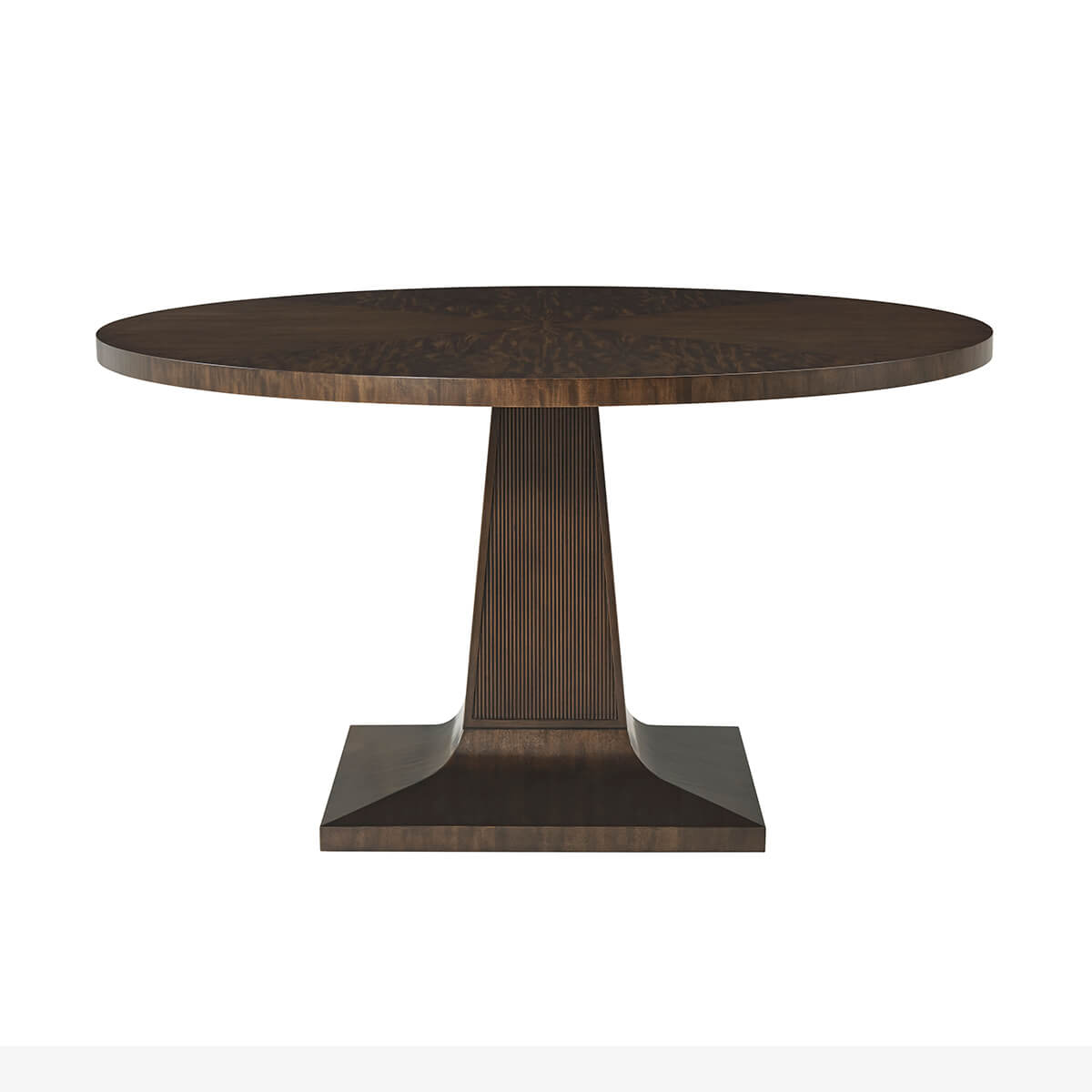 Mid-century round dining table, side profile view.