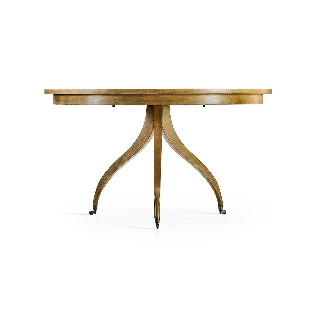 Side view of round dining table, three legs visible.
