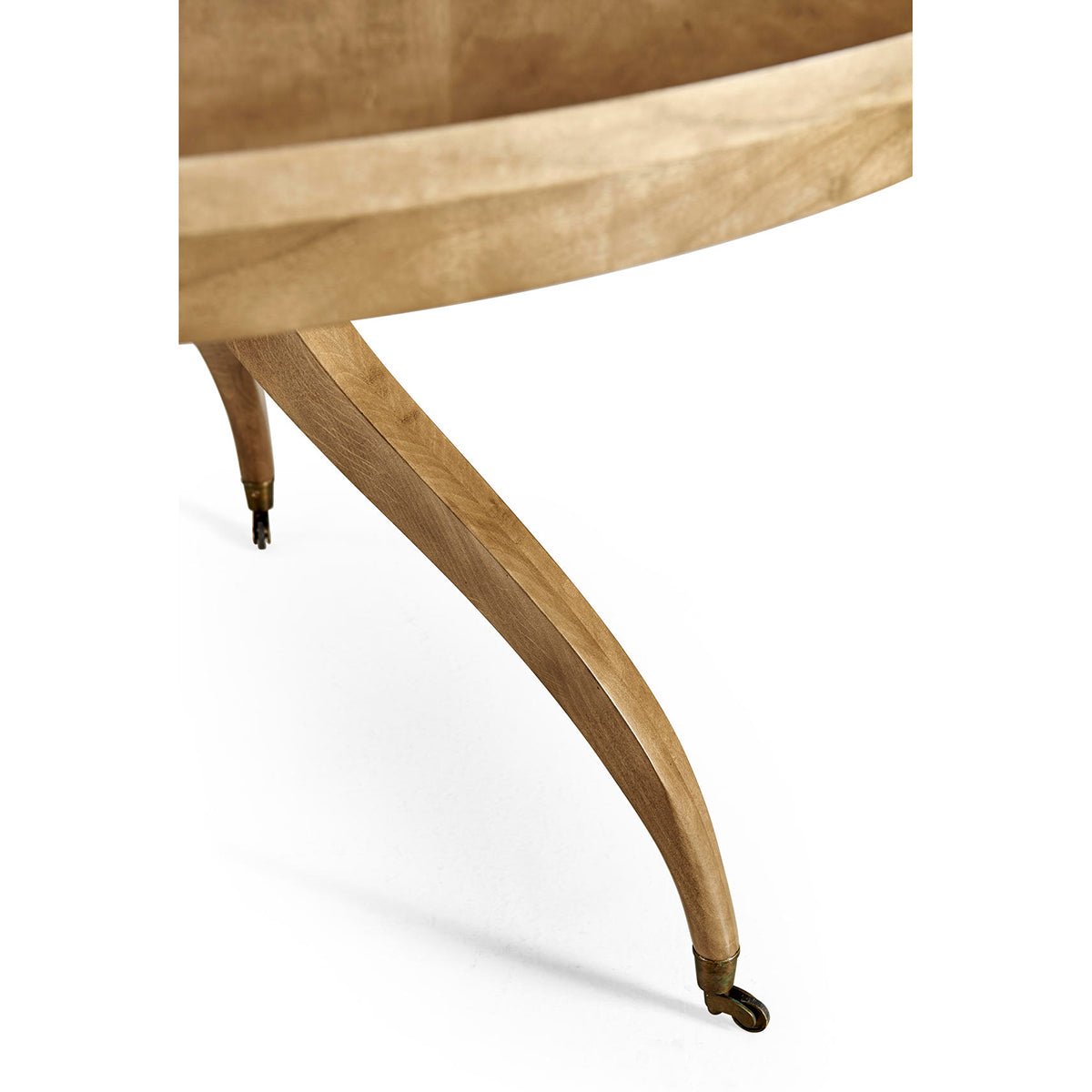 Detail of table leg design with small caster wheel.