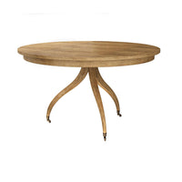 Round dining table, wooden finish, angled view.