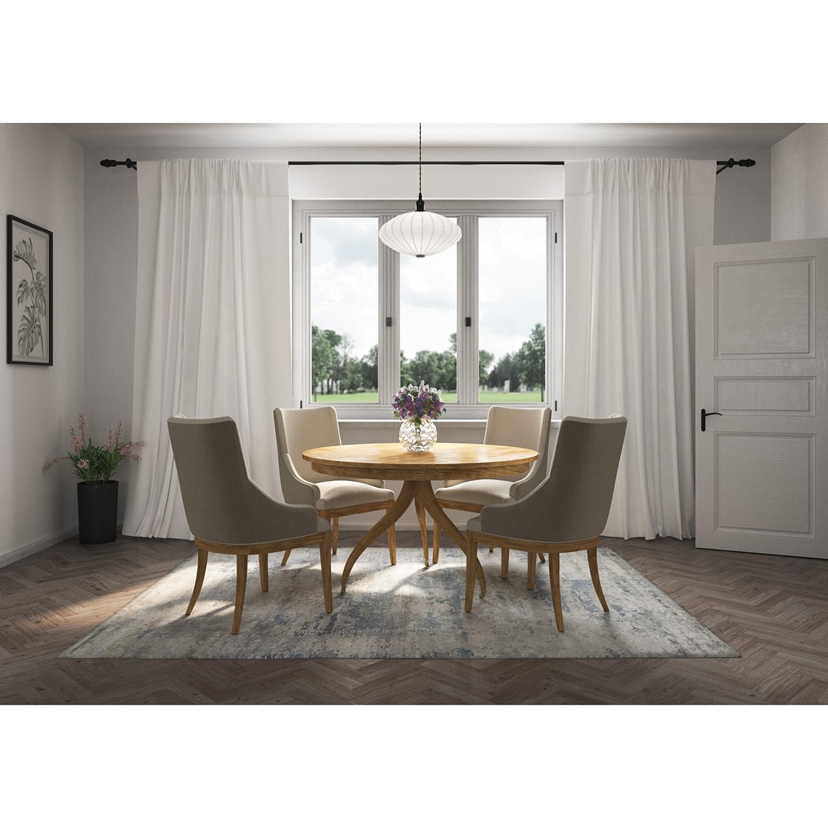 Dining table with chairs, window view in bright room.