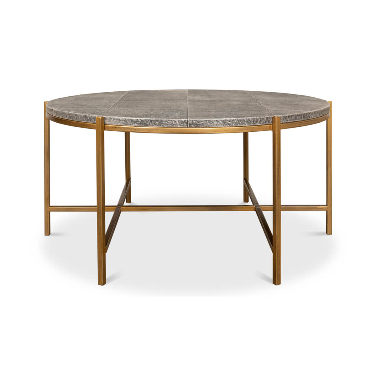 Round leather cocktail table, straight side view, metal legs.