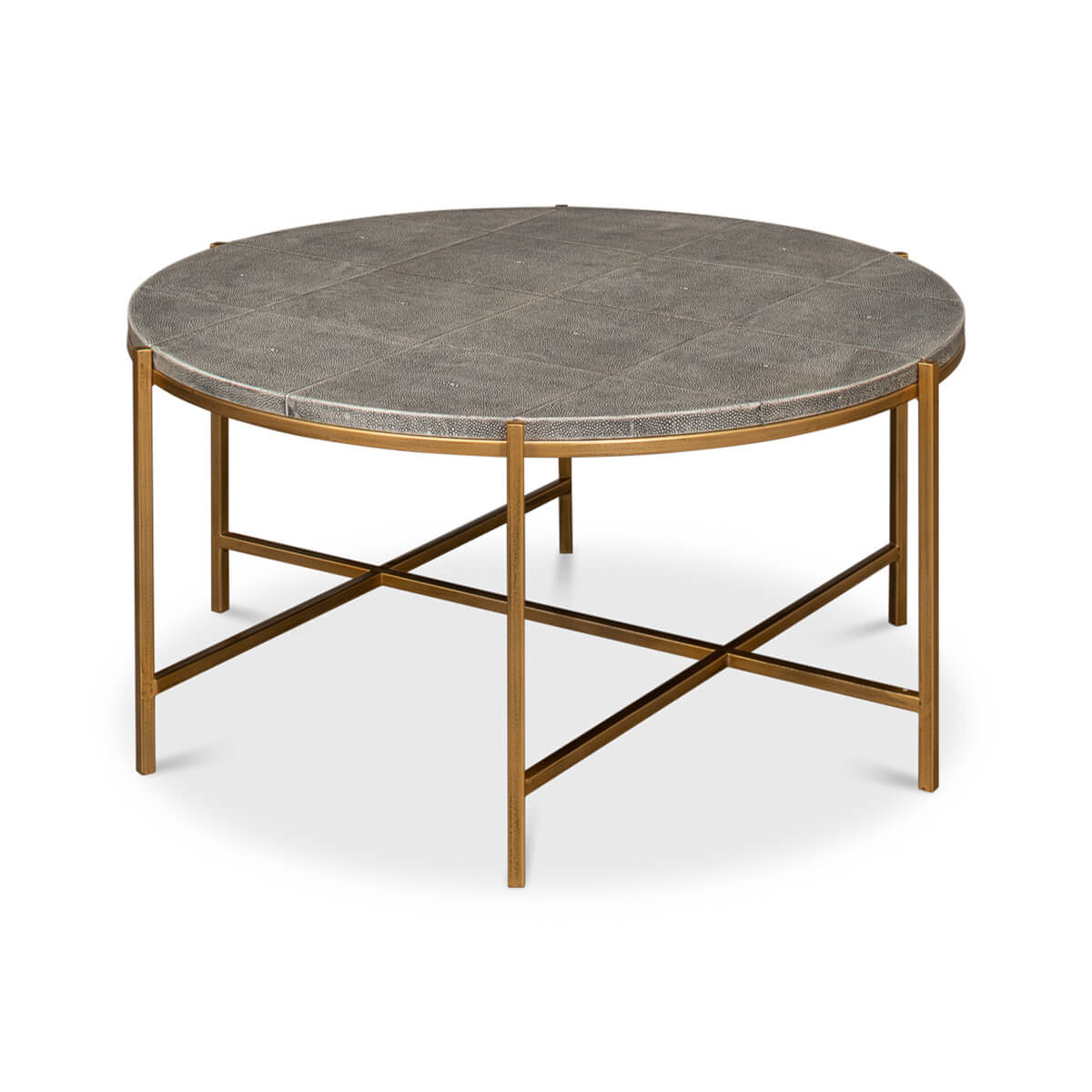 Round leather cocktail table, side angle, sleek frame.