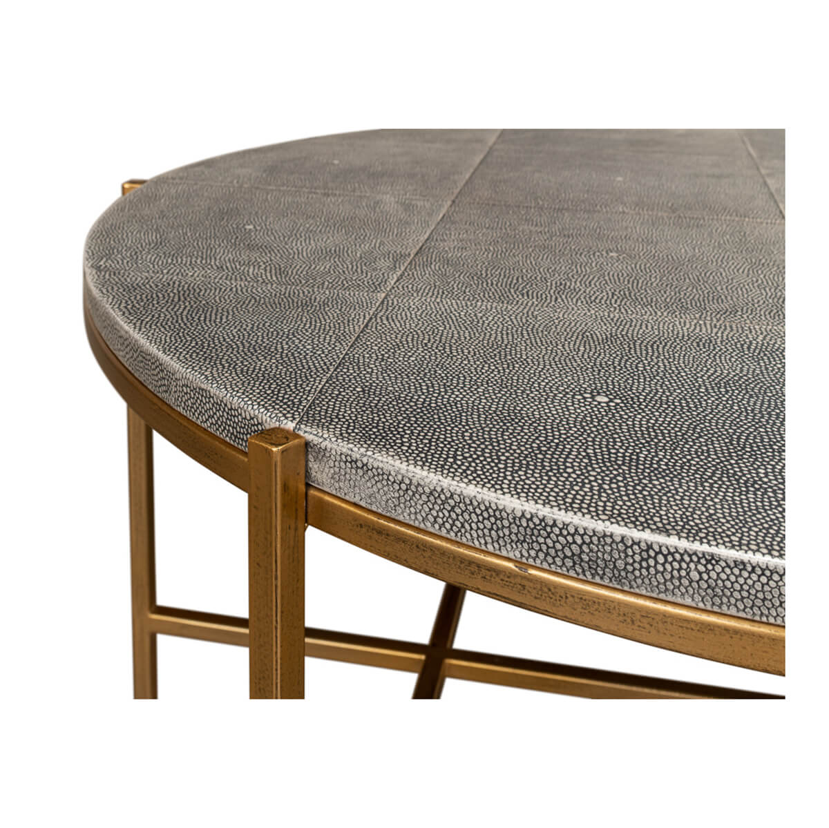 Round leather cocktail table, close-up of texture and frame.