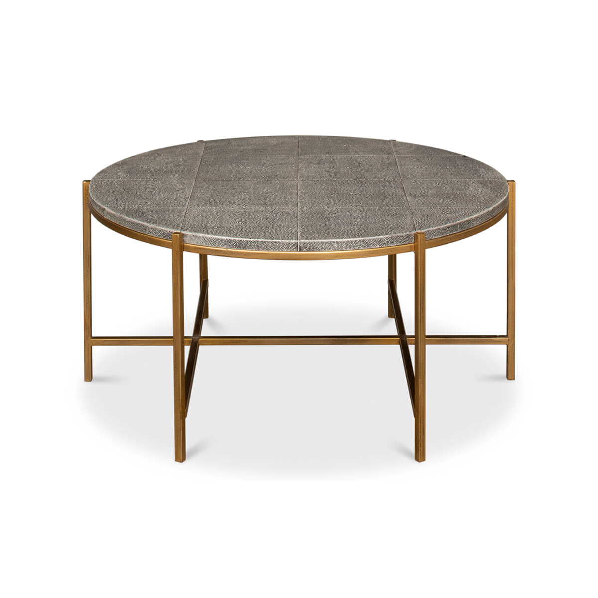 Round leather cocktail table, front view, elegant design.