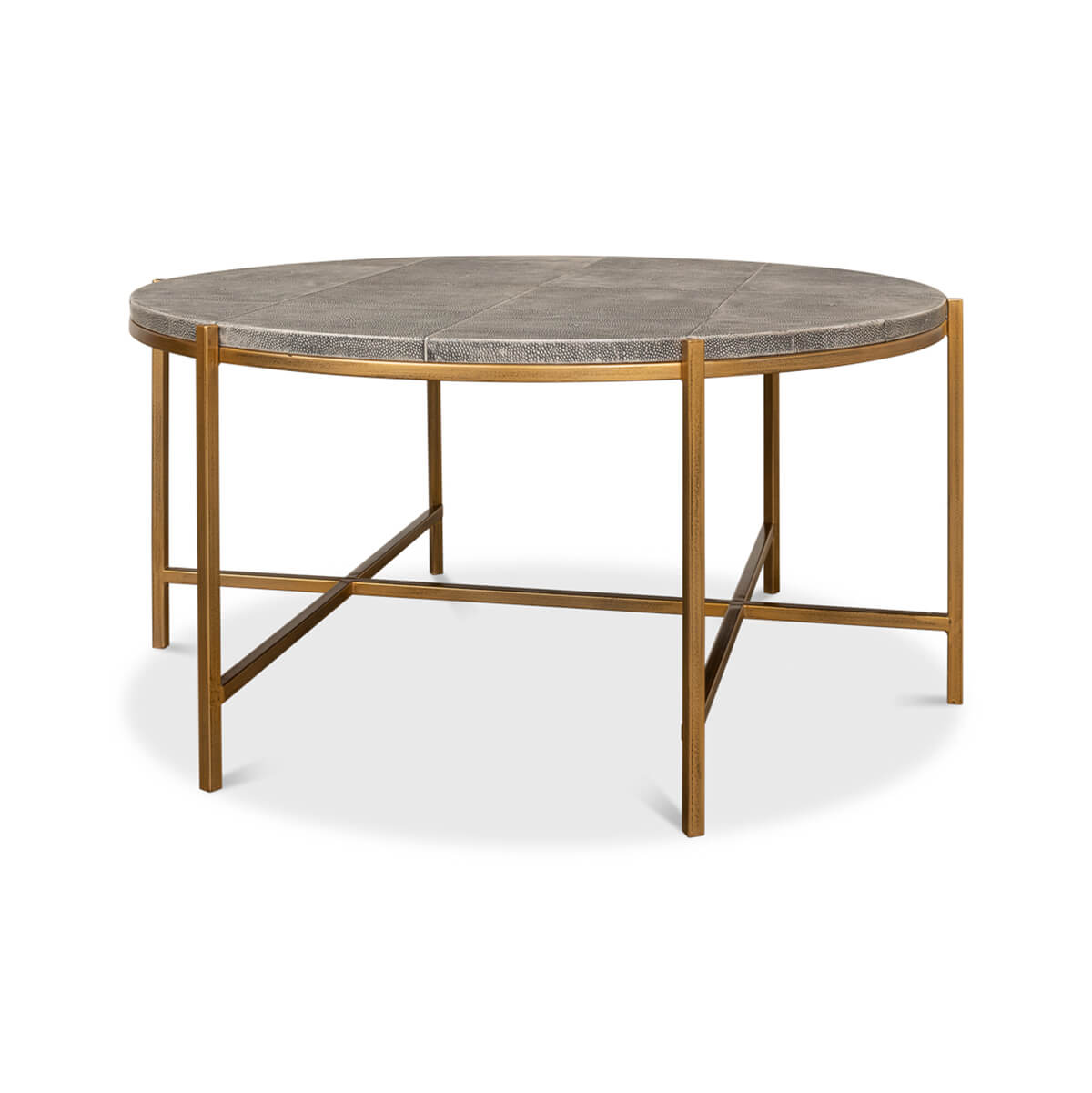 Round leather cocktail table, rear angle, minimalist style.