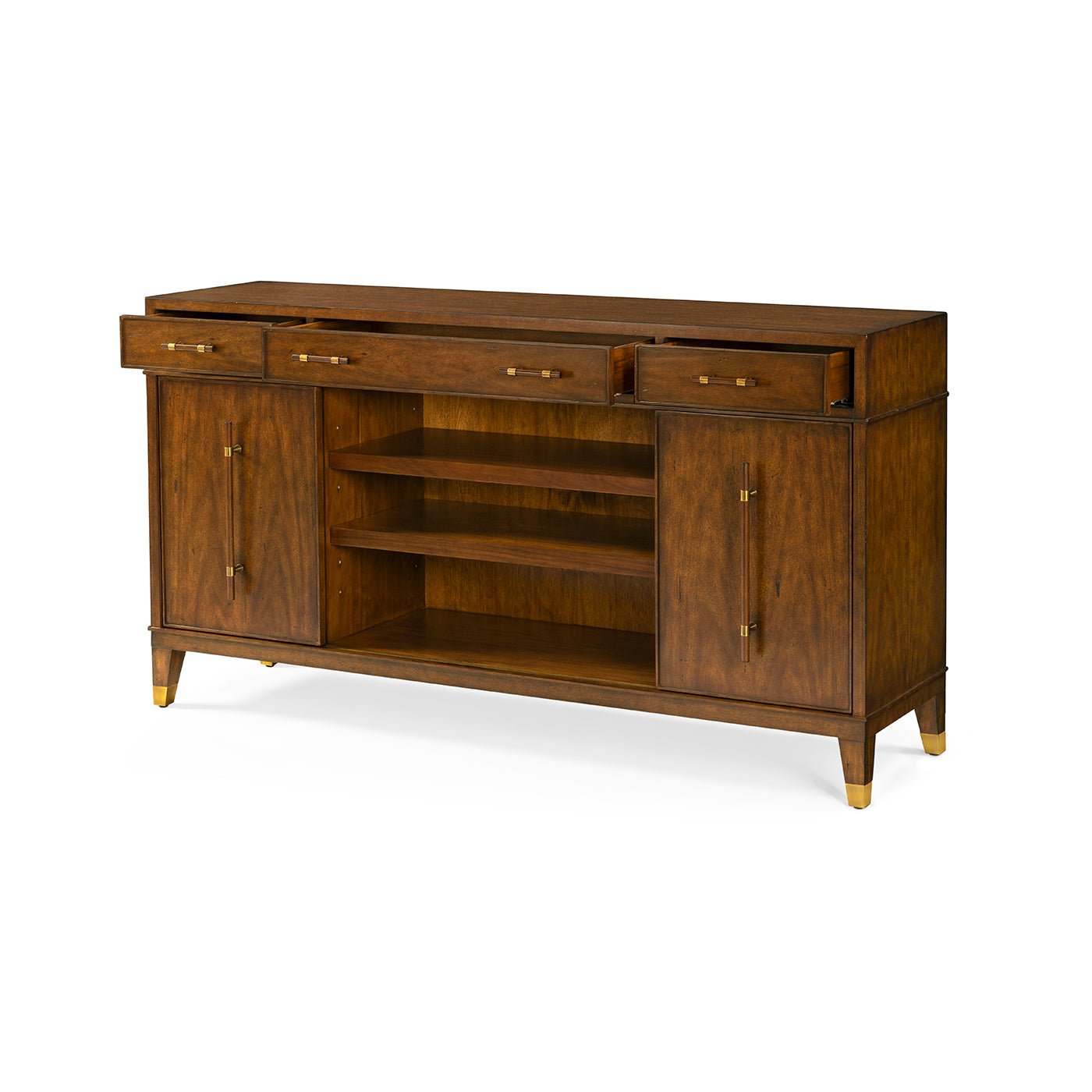 Mid century sideboard with open drawers, angled view.