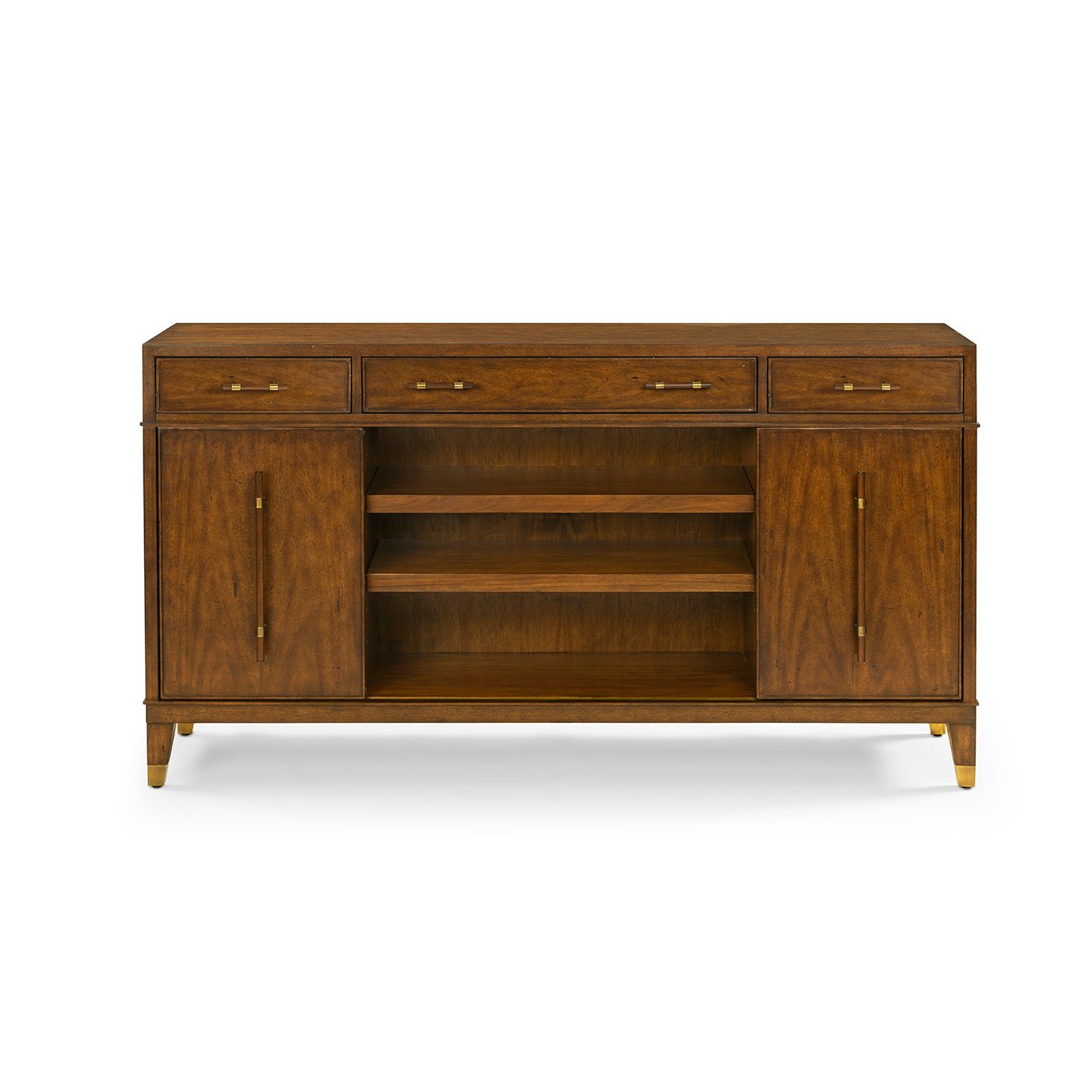 Front view of mid century sideboard with open shelves.