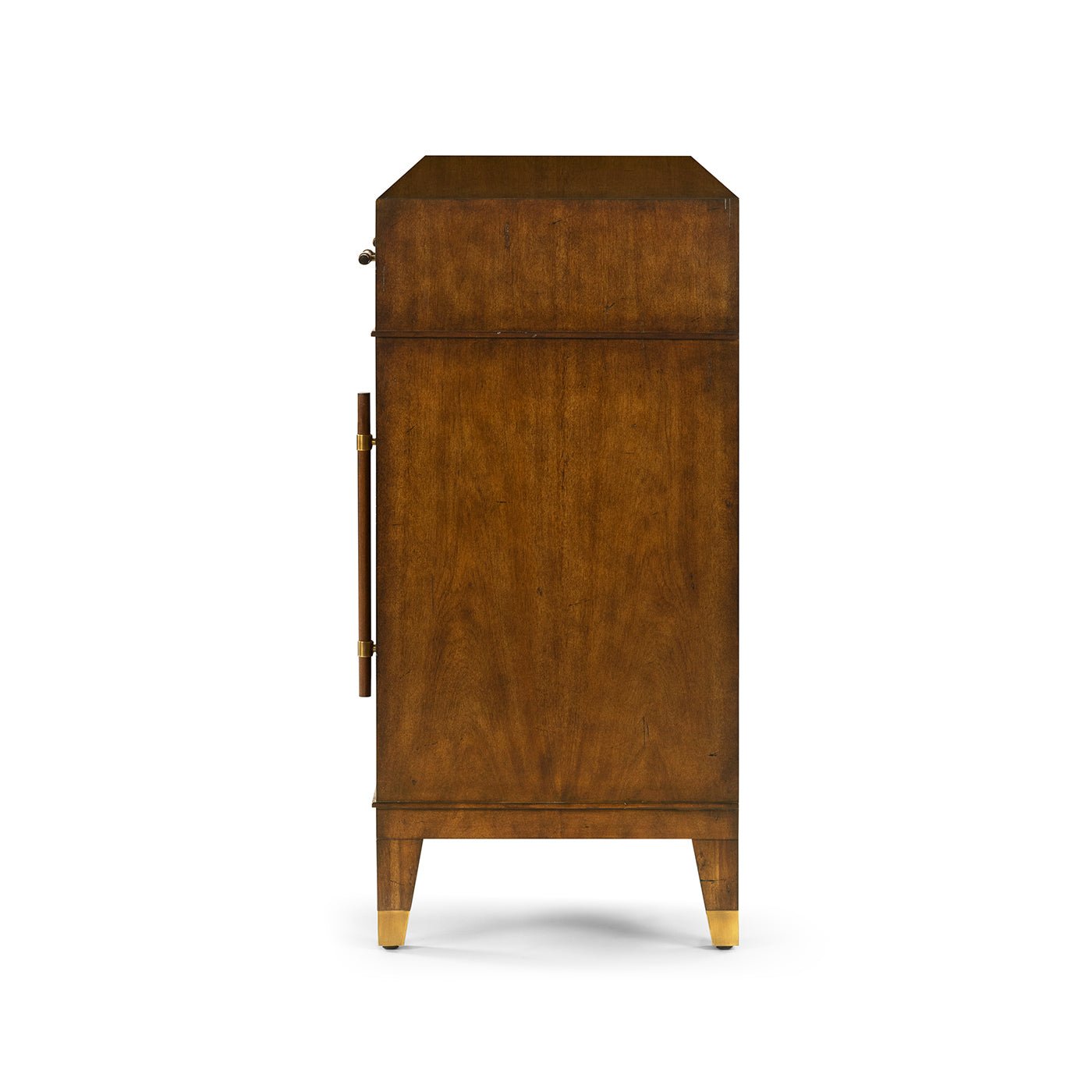 Side view of mid century sideboard with gold accents.