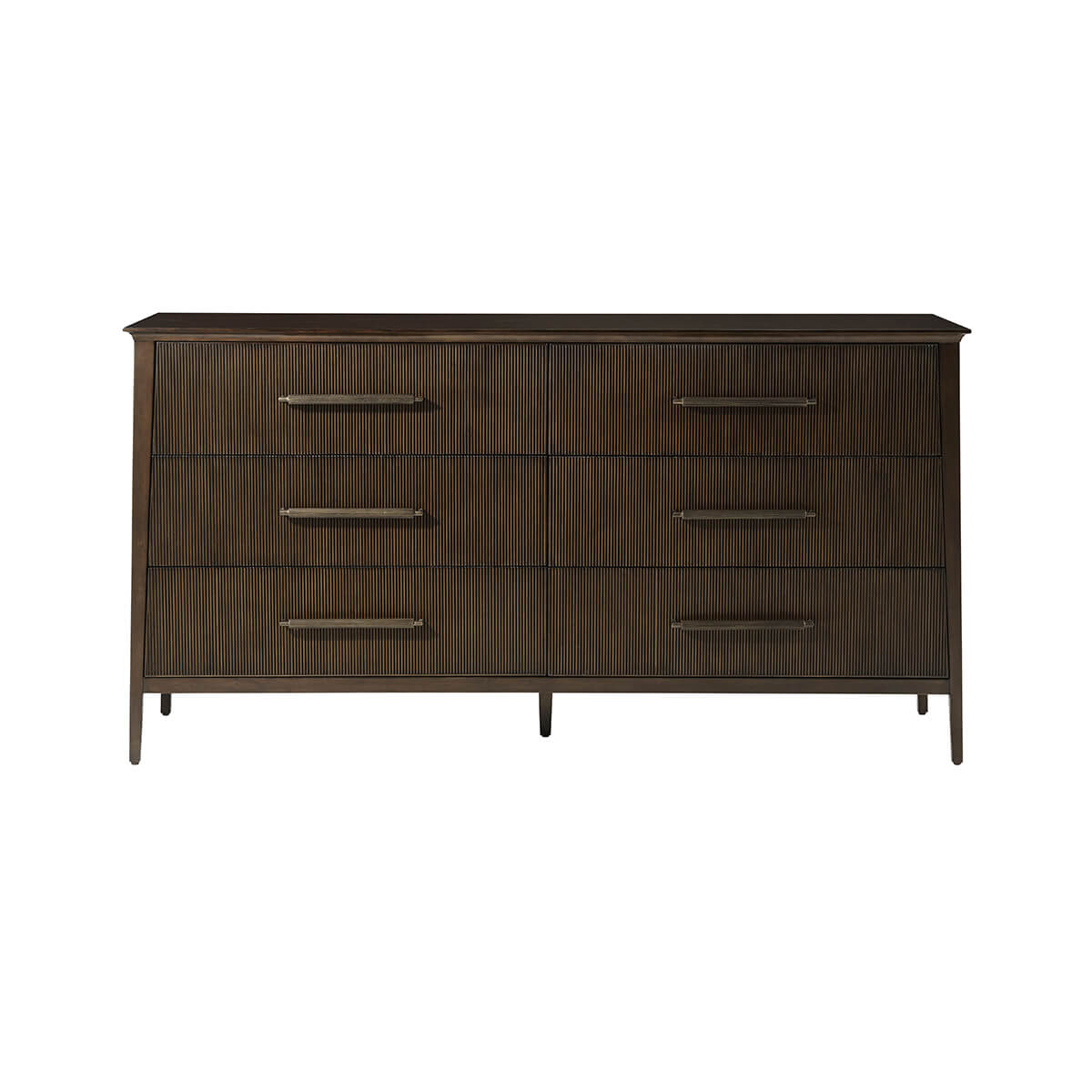 Front view of six-drawer mid-century dresser.