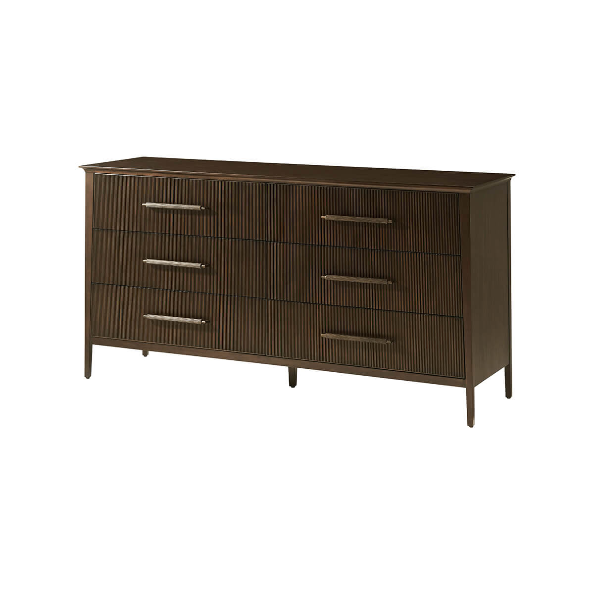 Mid-century dresser front view with closed drawers.
