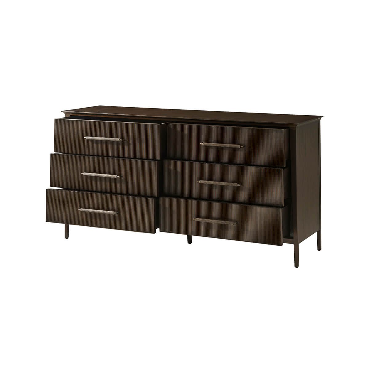 Mid-century dresser with partially open drawers.