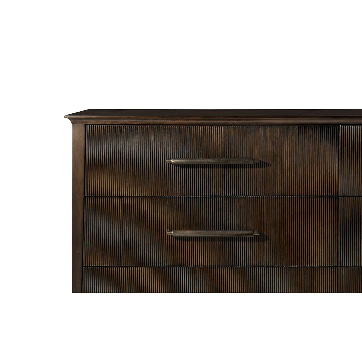 Close-up of mid-century dresser drawer handles.