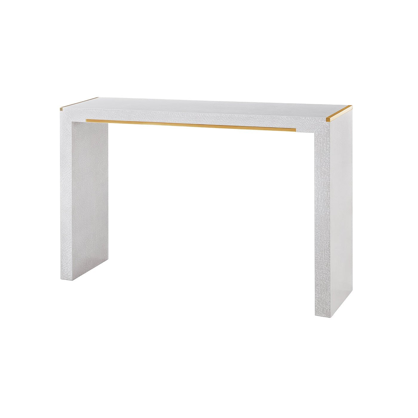 White console table with gold accents, minimalist design.