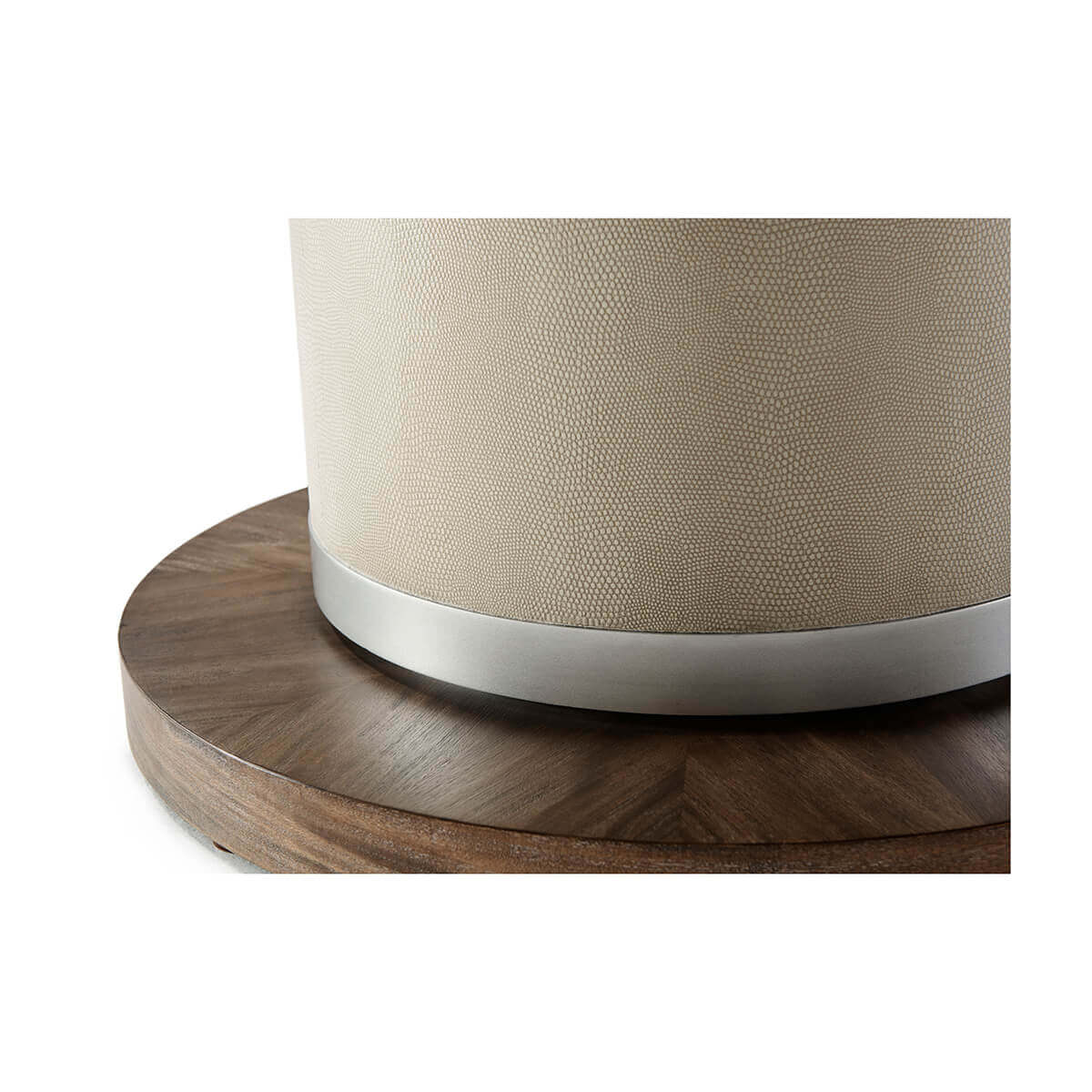 Dining table base with metal accent close-up.