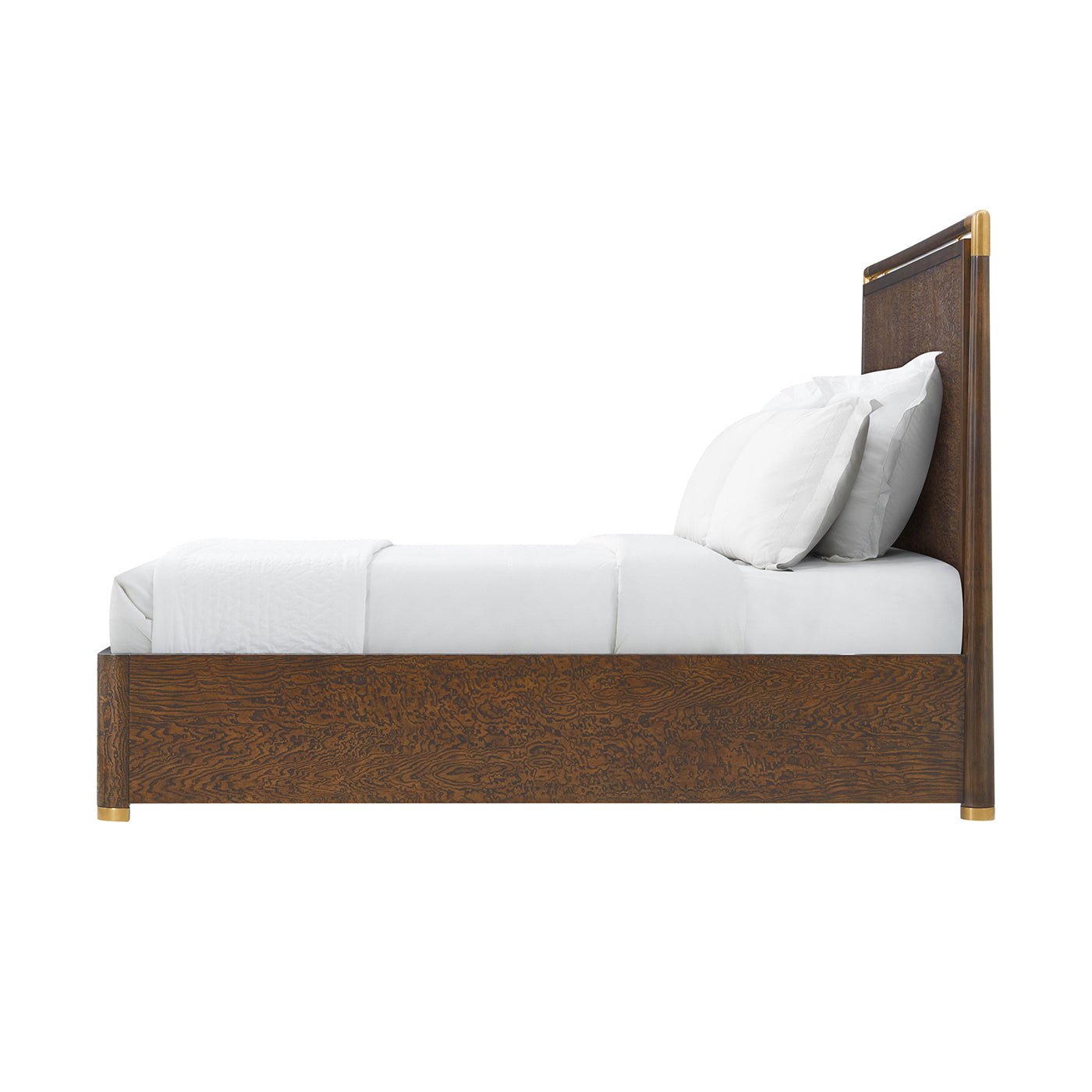 Mid-century style bed side profile, mattress and pillows.