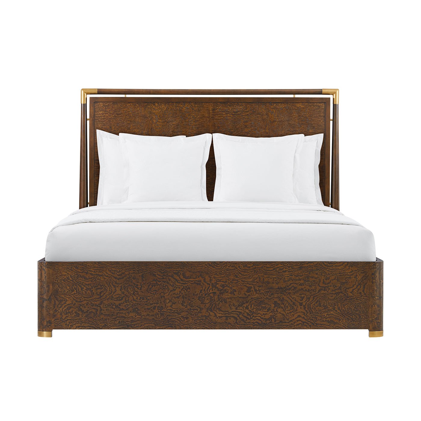 Mid-century style bed front view with white pillows.