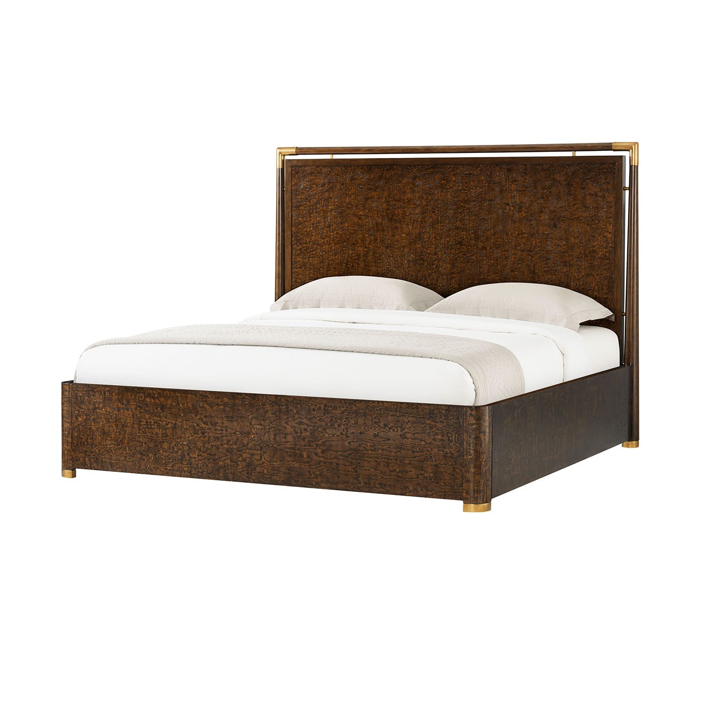 Mid-century style bed angled view with bedding.