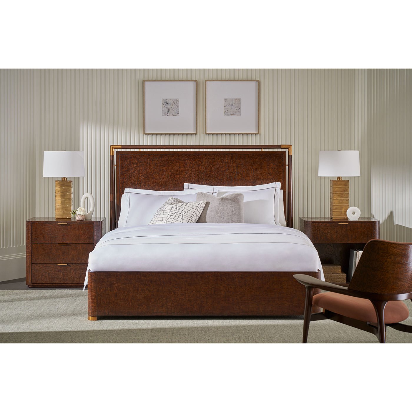 Mid-century style bed in decorated bedroom setting.