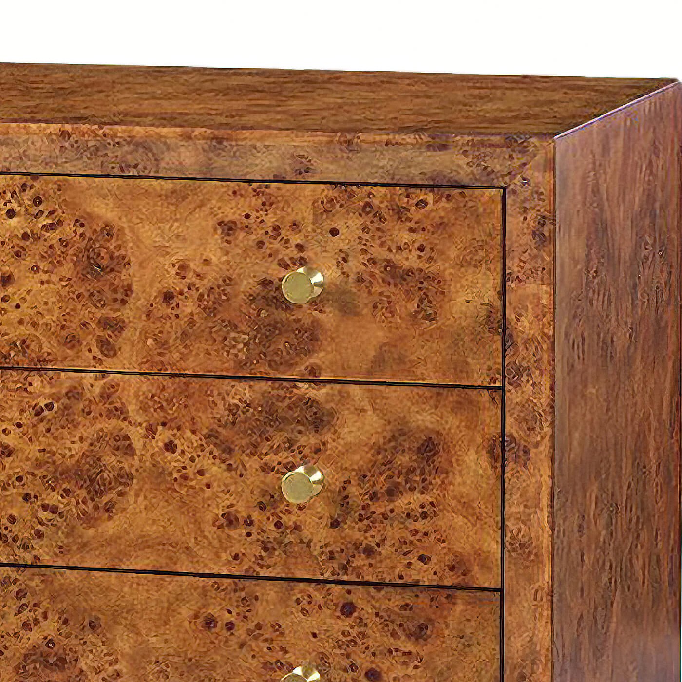 Mid-century burl dresser, close-up of top drawers.