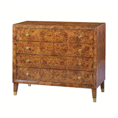 Mid-century burl dresser with closed drawers, front view.