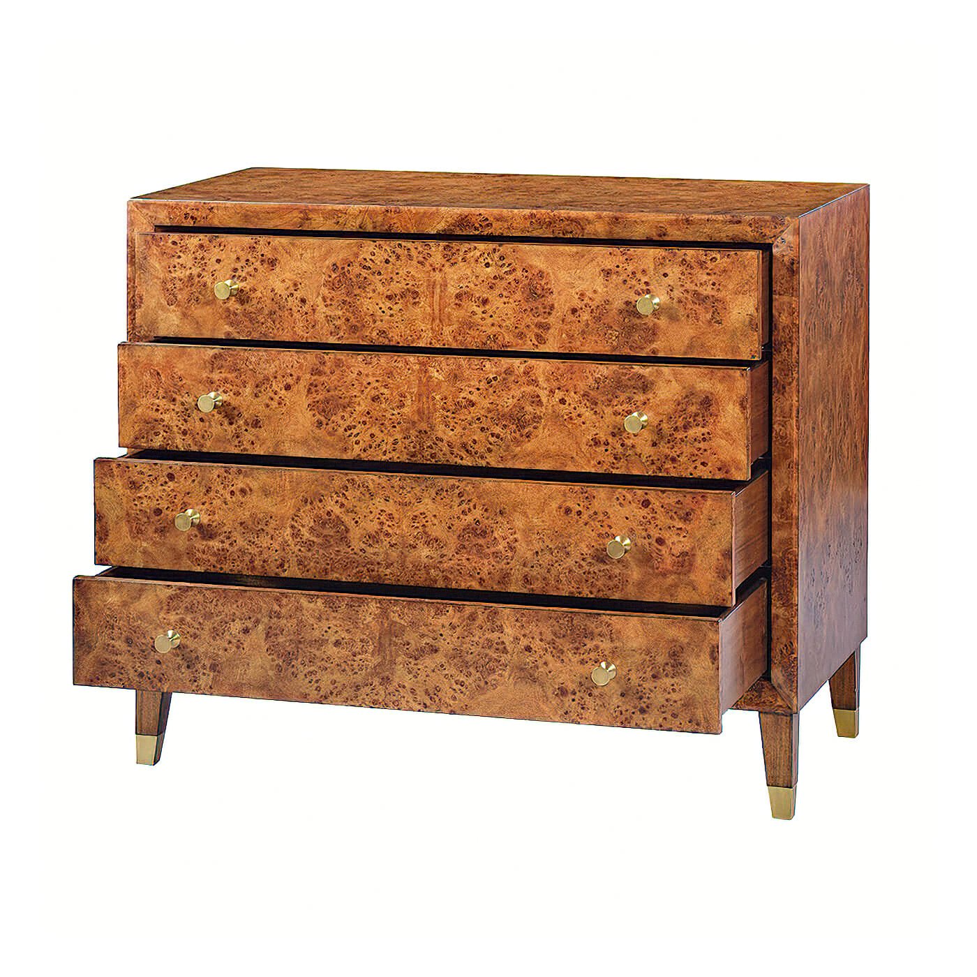 Mid-century burl dresser, partially open drawers view.