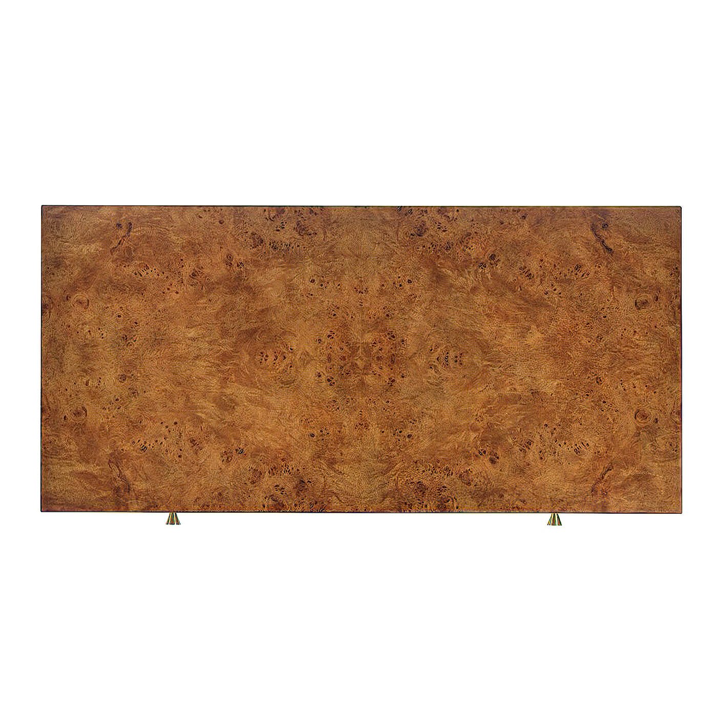Mid-century burl dresser, top surface view.