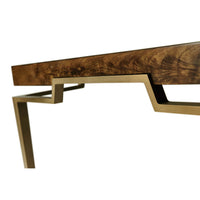 Close-up, coffee table's brass leg and wood edge detail.