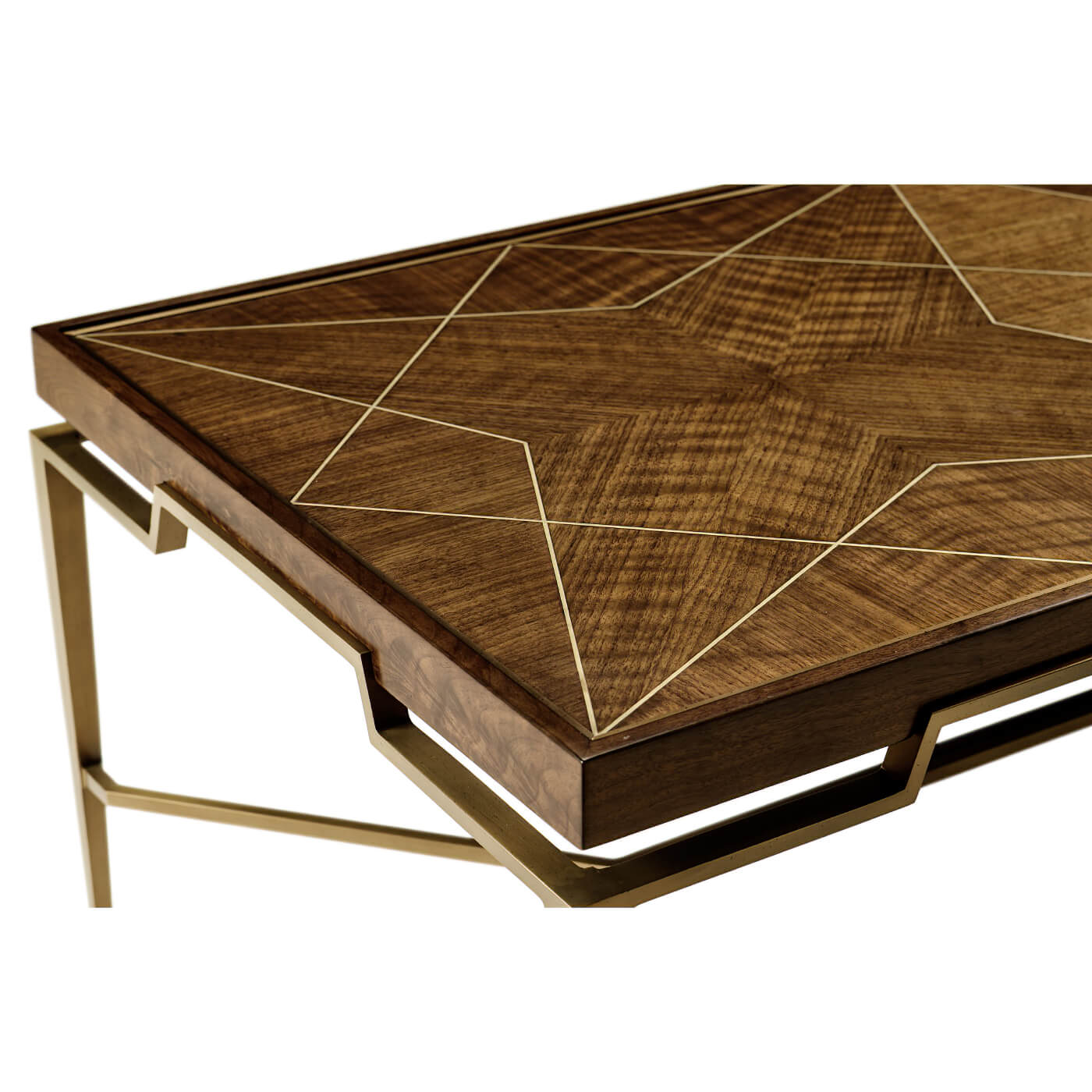 Close-up, mid-century coffee table, star-shaped wood inlay.