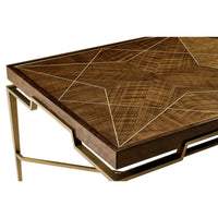 Close-up, mid-century coffee table, star-shaped wood inlay.