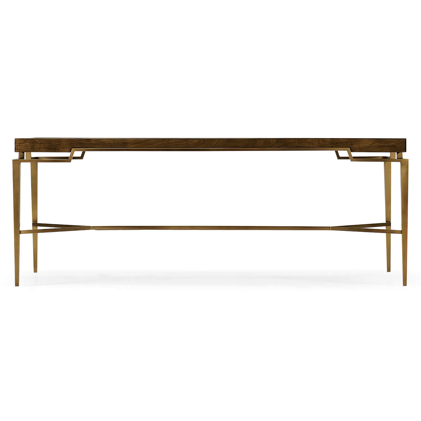 Side view of mid-century coffee table with brass frame.