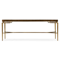 Side view of mid-century coffee table with brass frame.