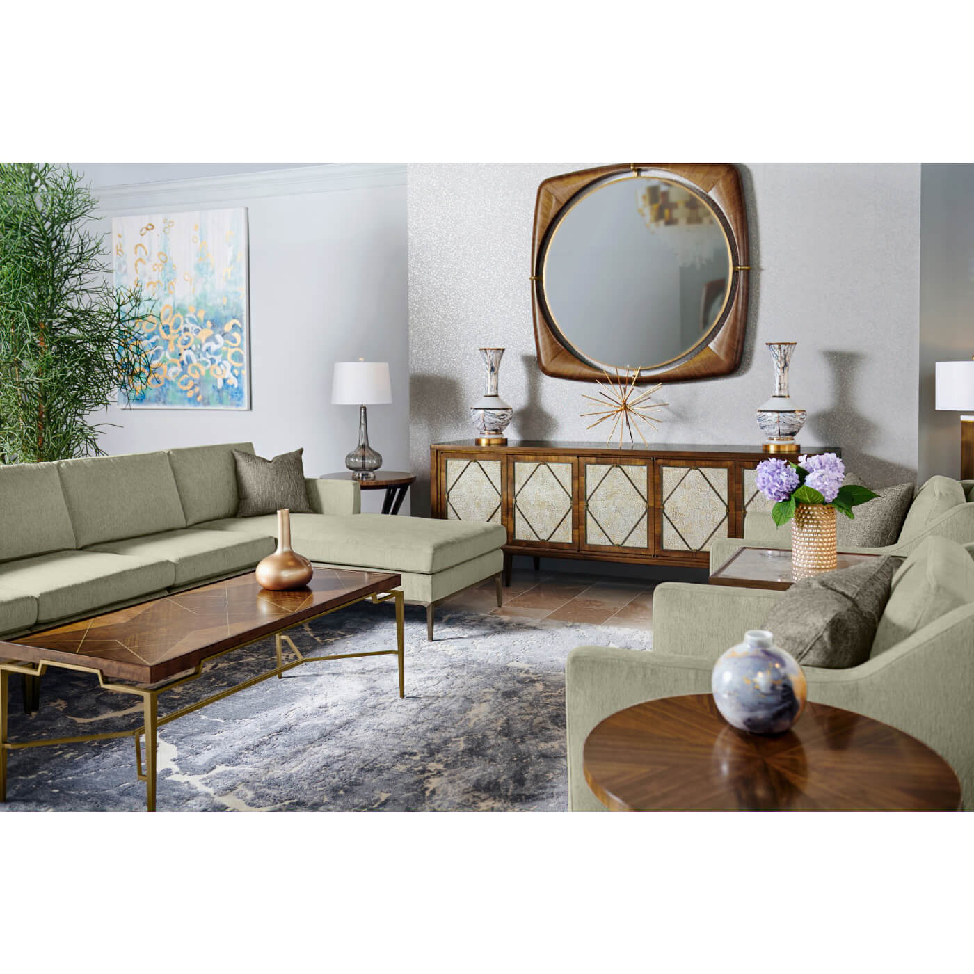 Living room scene with mid-century coffee table and furniture.