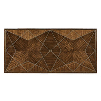 Top view, mid-century coffee table, geometric wood pattern.