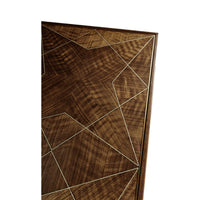 Detailed view of geometric wood design on coffee table.