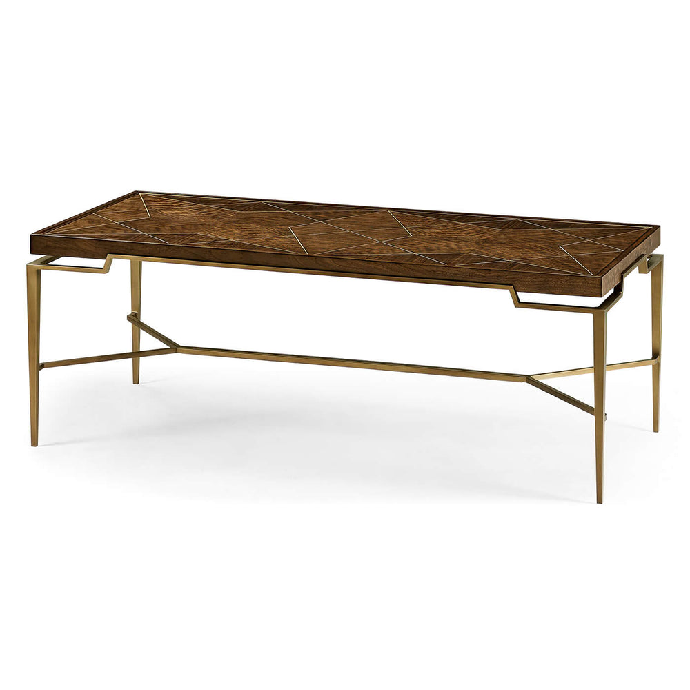 Mid-century coffee table, angled view with brass legs.