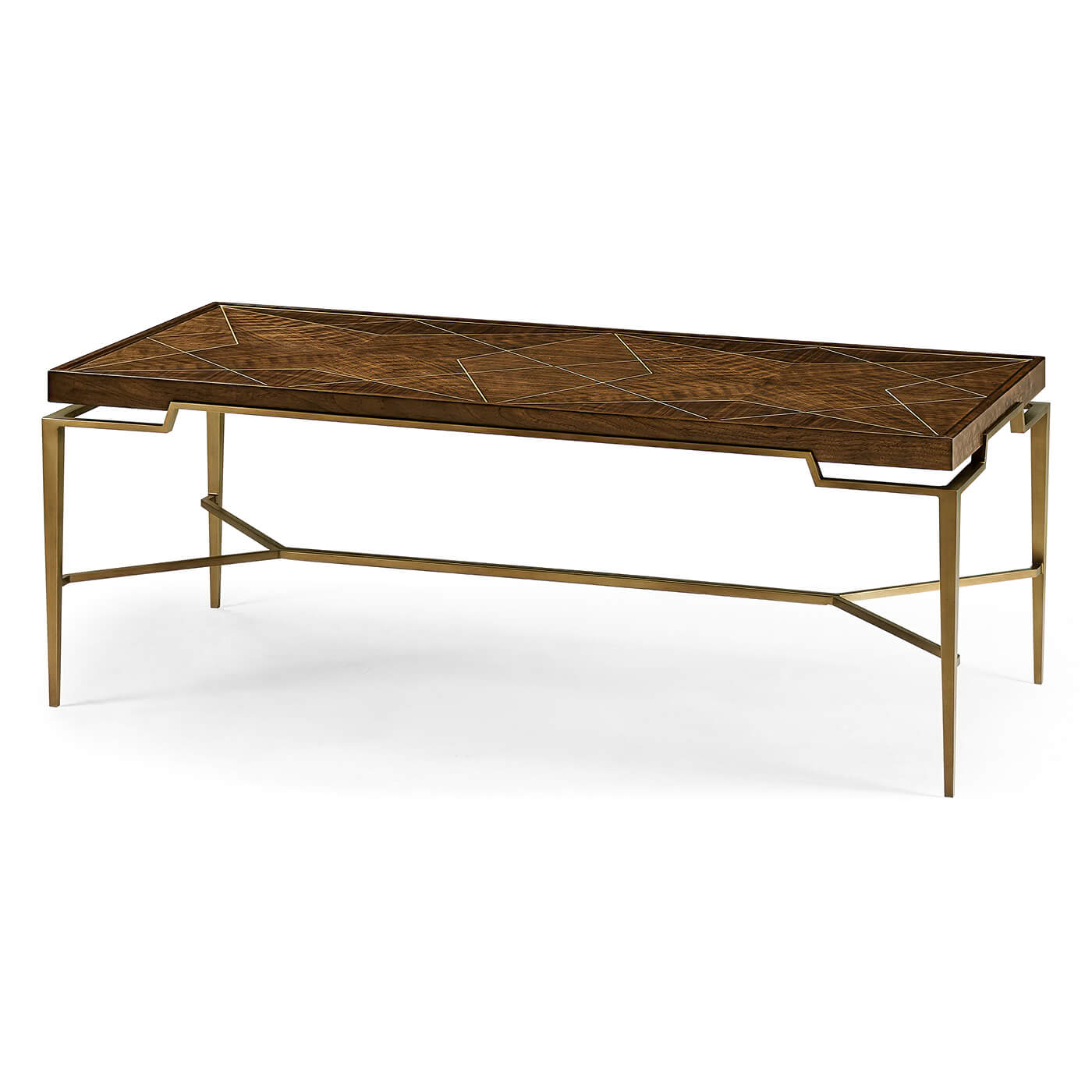 Mid-century coffee table, angled view with brass legs.