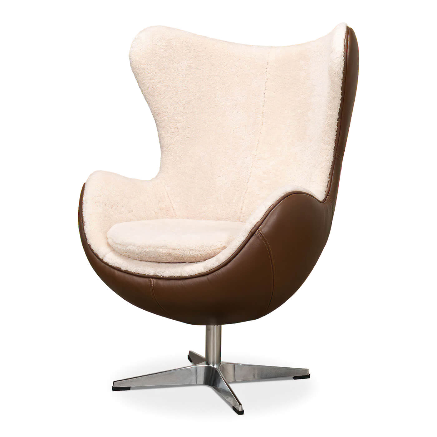 Side view of Mid Century egg chair, brown and cream.