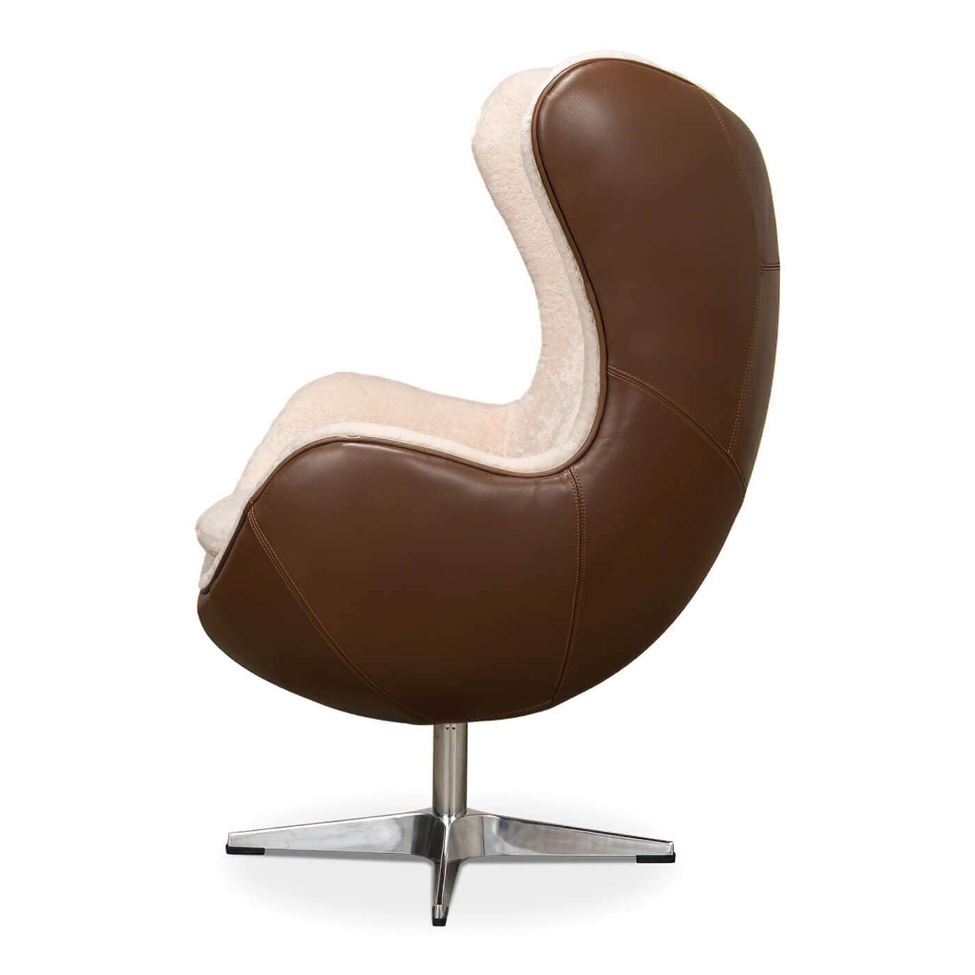 Profile view of Mid Century egg chair, leather back.