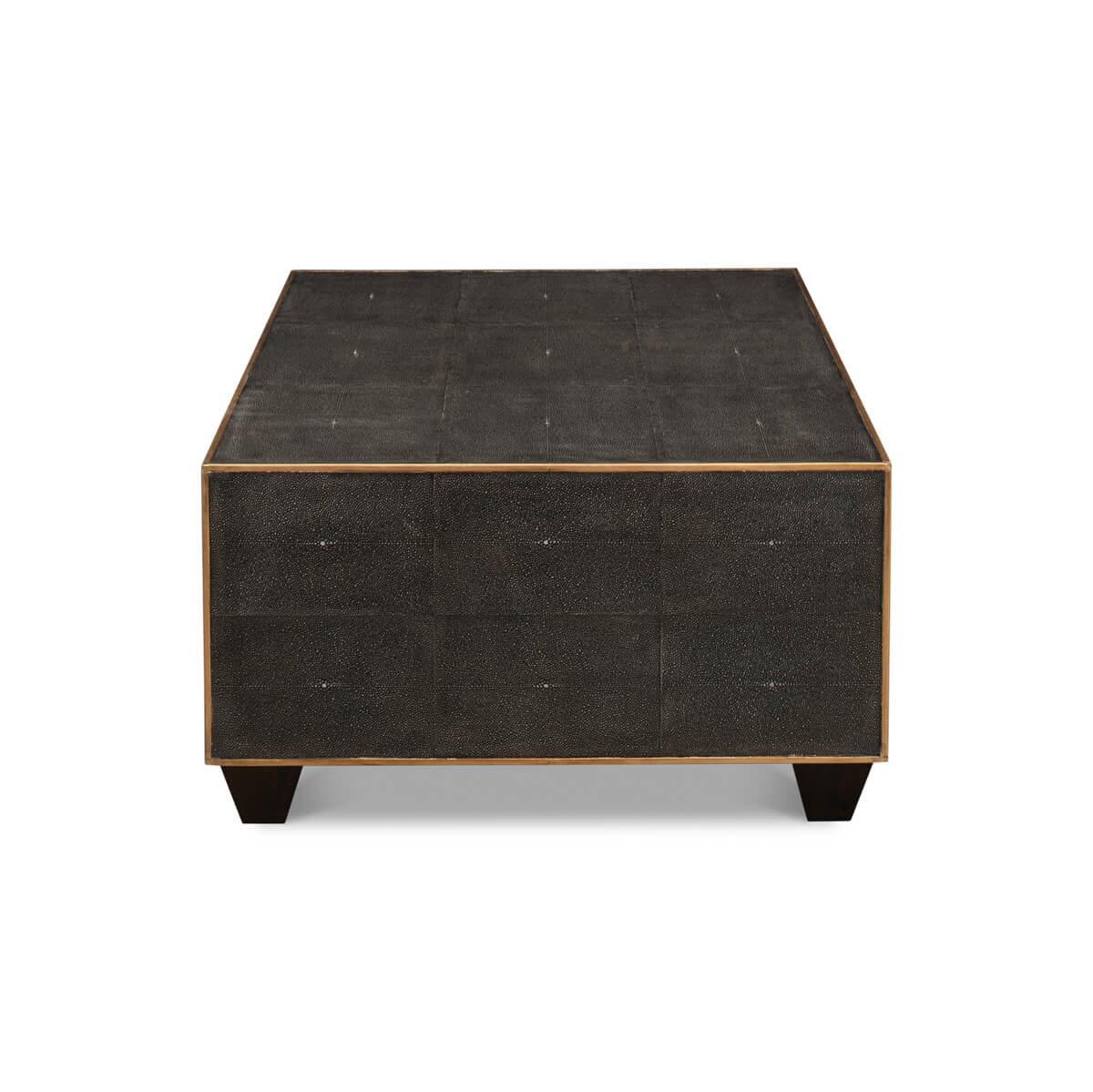 Side view of mid-century style leather cocktail table.