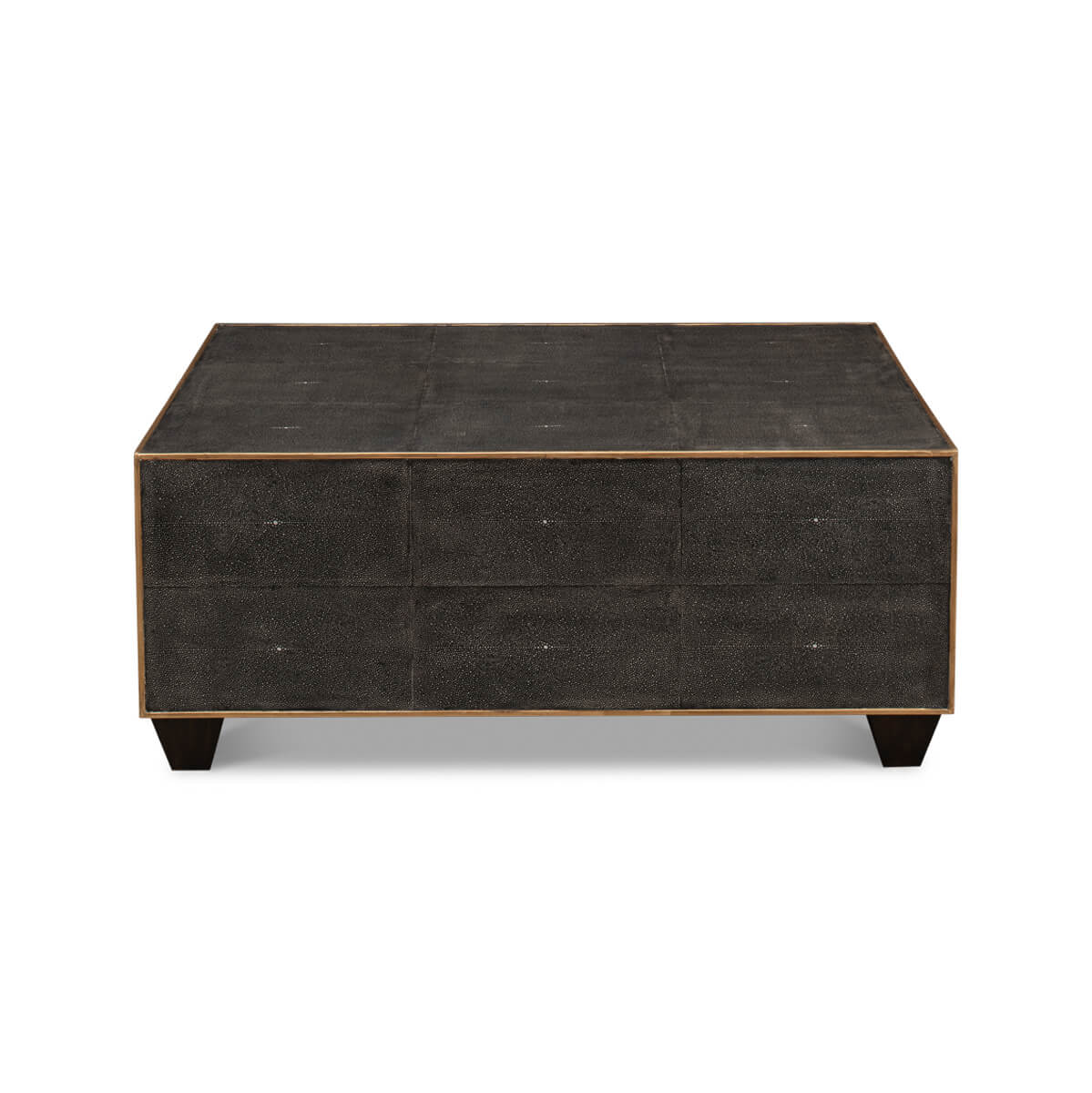 Front view of mid-century style leather cocktail table.