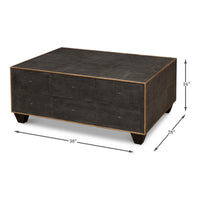 Dimensions of mid-century style leather cocktail table shown.