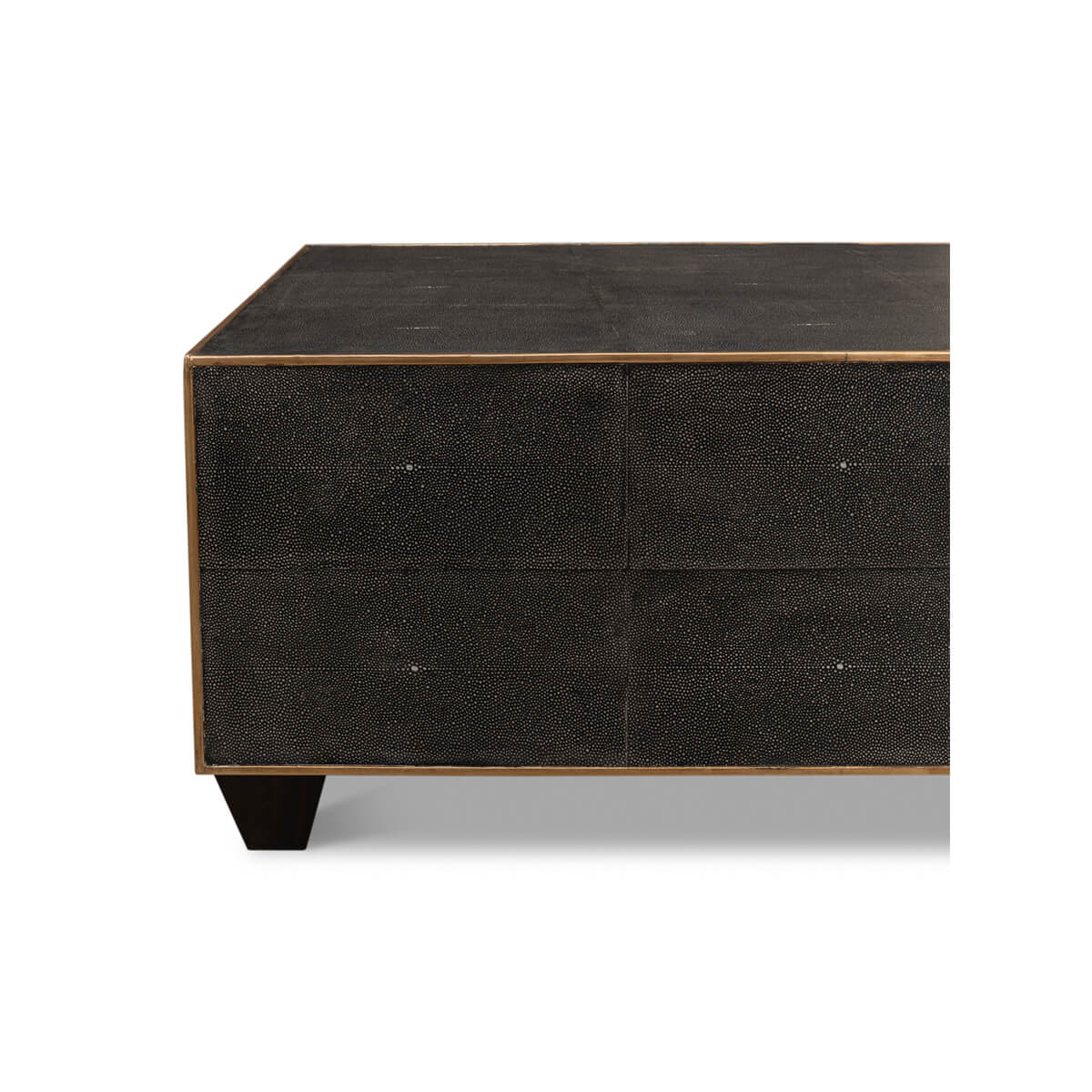 Front side detail of leather cocktail table and legs.