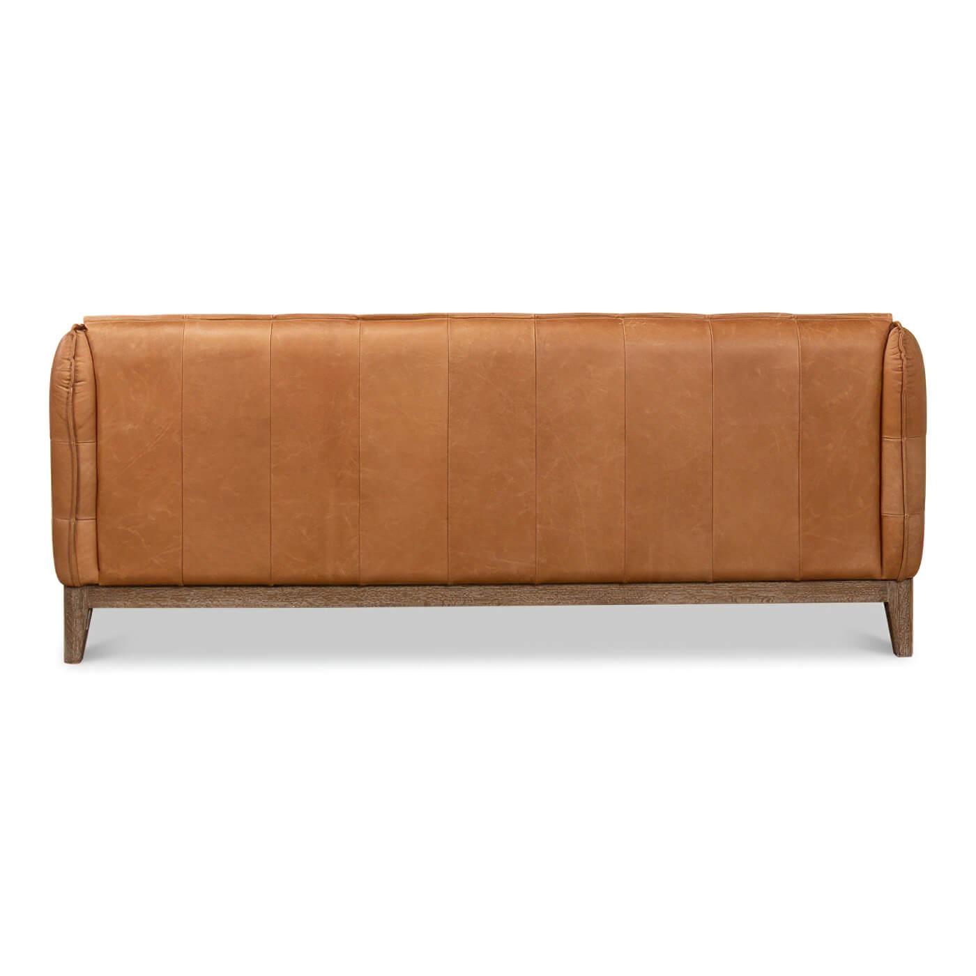 Back view of mid-century leather sofa.