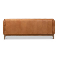 Back view of mid-century leather sofa.