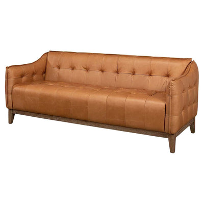 Mid-century leather sofa angled front view.